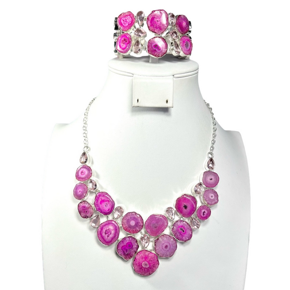 Pink Solar Quartz 925 Large Gemstone Necklace & Bracelet - Picture 1 of 8
